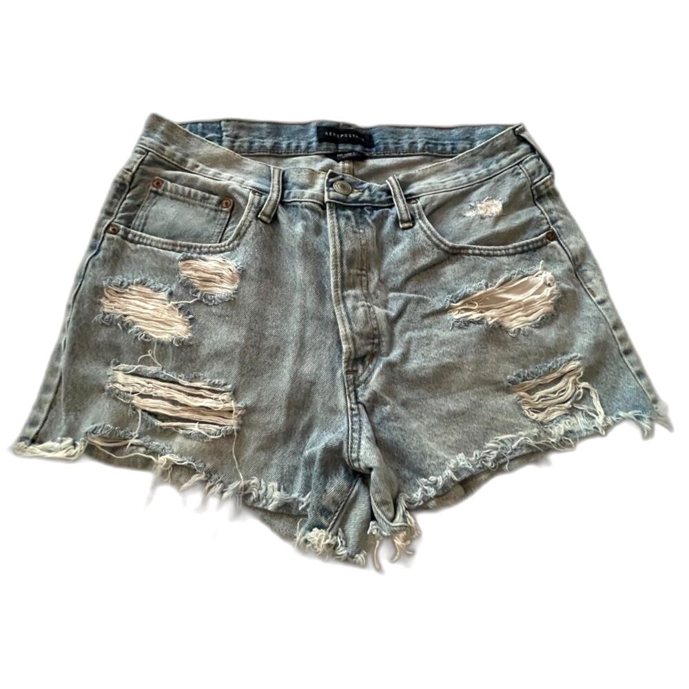 Aeropastale Distress Denim Shorts 90s High Rise -Blue Denim Size 14- Size XSmall